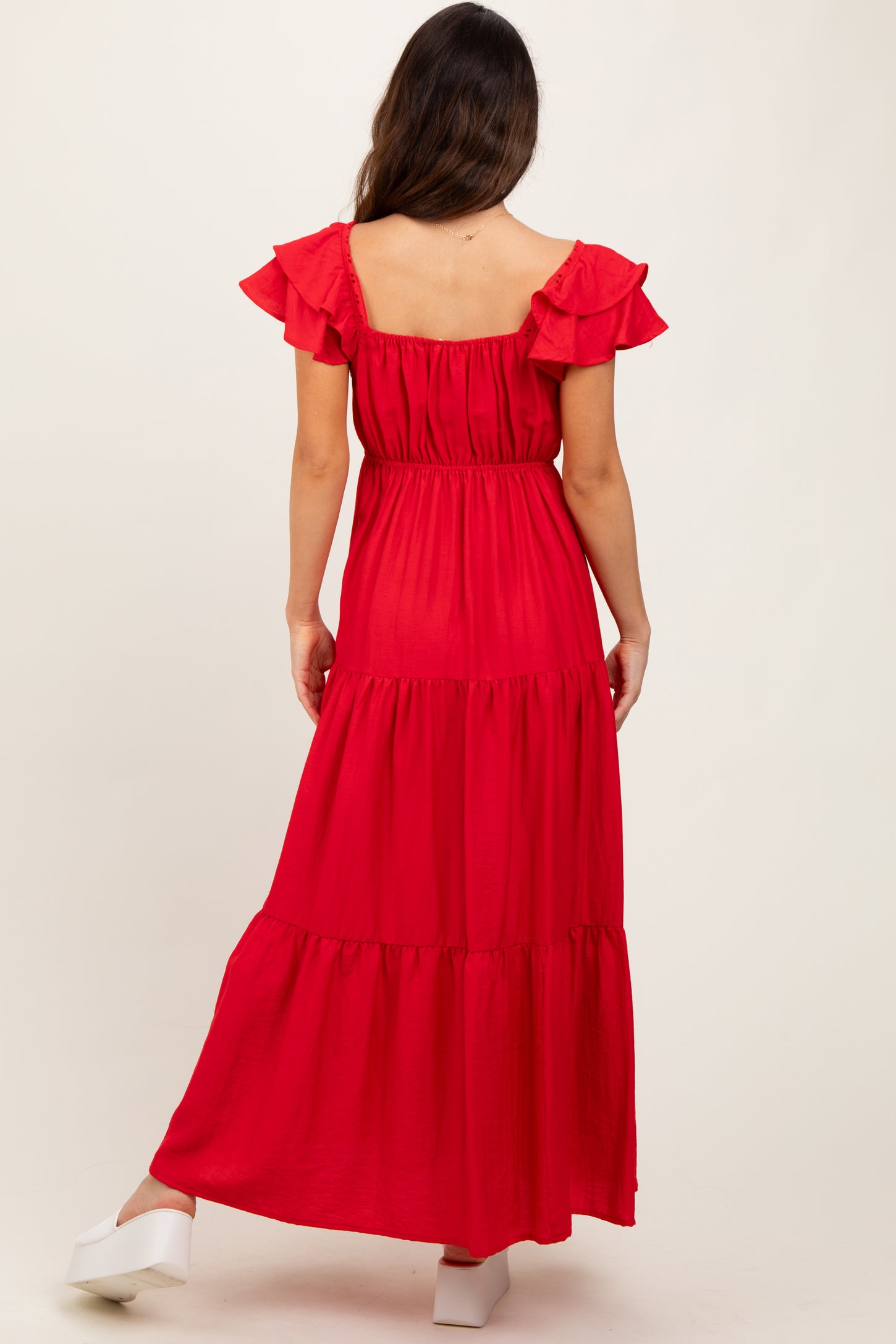 Red Layered Flutter Sleeve Tiered Maxi Dress