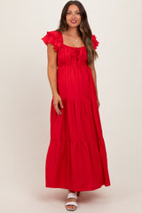 Red Layered Flutter Sleeve Tiered Maternity Maxi Dress