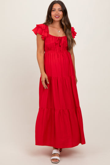 Red Layered Flutter Sleeve Tiered Maternity Maxi Dress