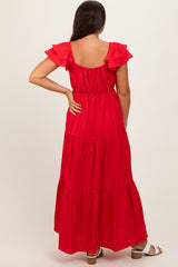 Red Layered Flutter Sleeve Tiered Maternity Maxi Dress
