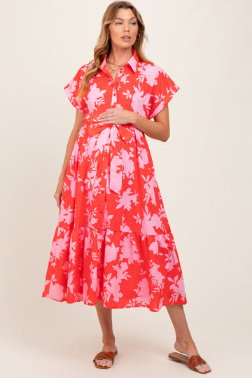 Red Floral Button Down Maternity Shirt Dress