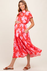 Red Floral Button Down Maternity Shirt Dress