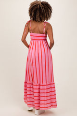 Pink Striped Shoulder Tie Maternity Maxi Dress