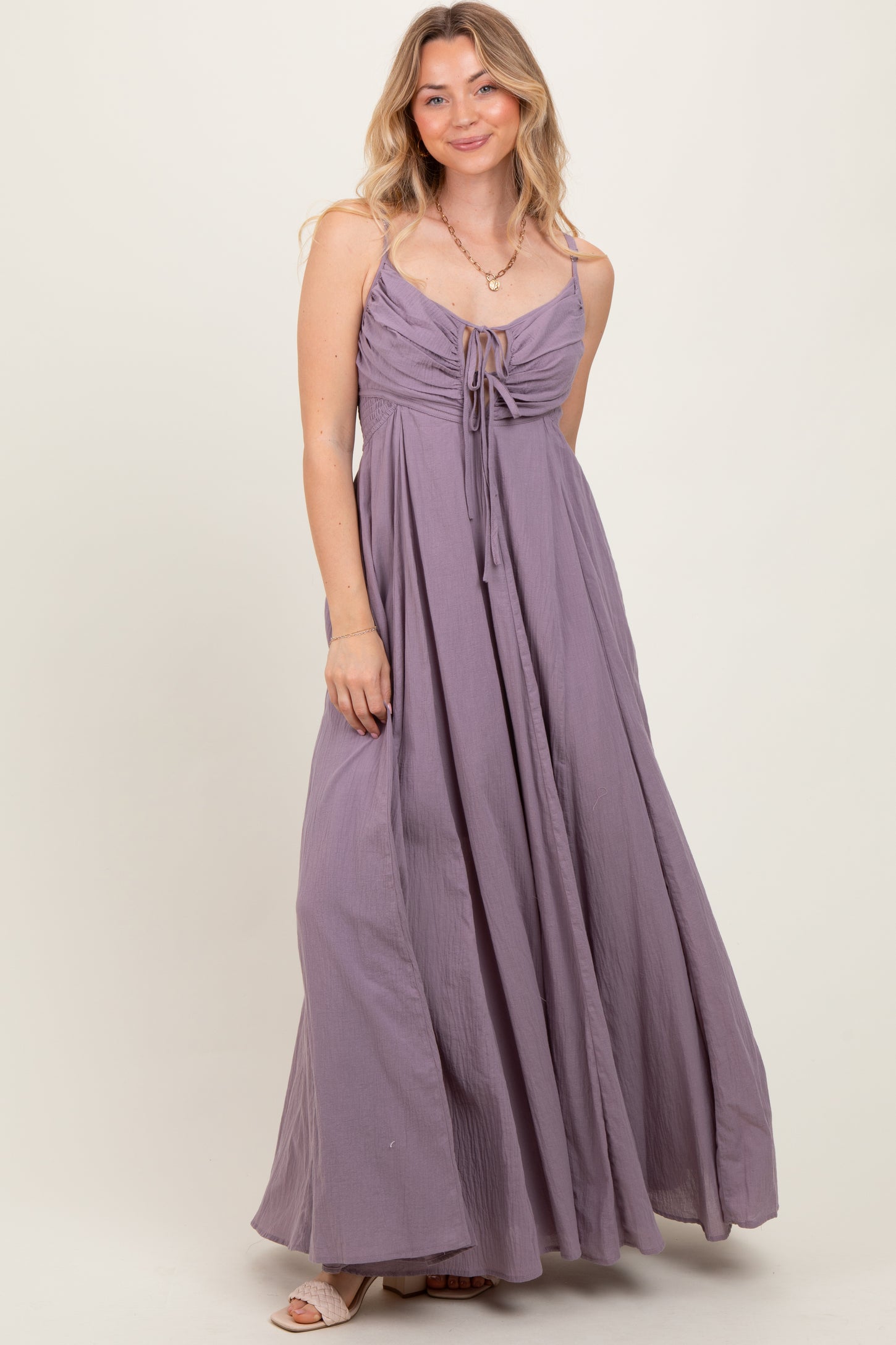 Purple Gathered Tie Front Maxi Dress