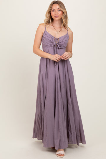 Purple Gathered Tie Front Maxi Dress