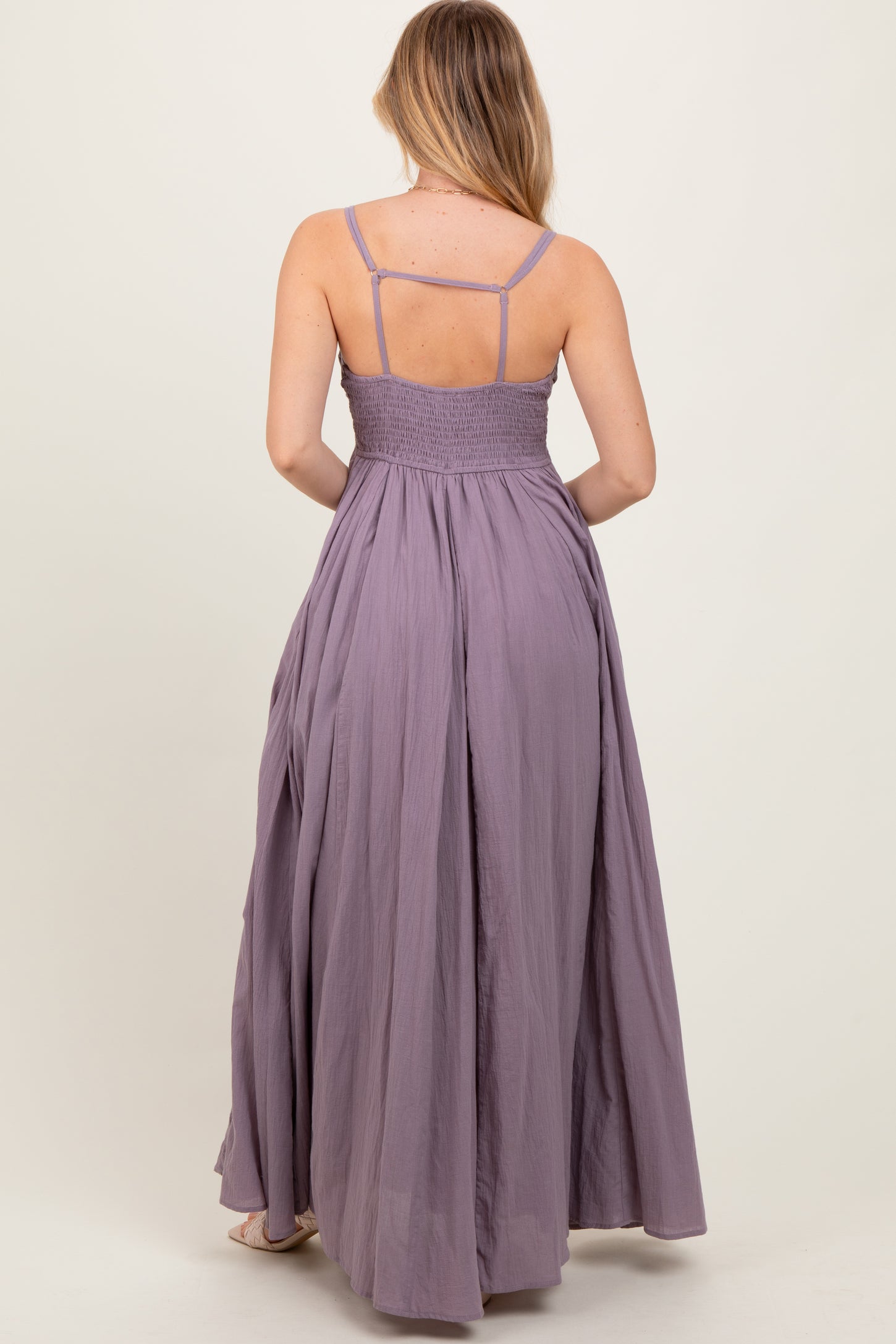 Purple Gathered Tie Front Maxi Dress