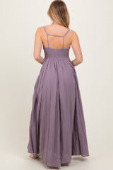 Purple Gathered Tie Front Maxi Dress