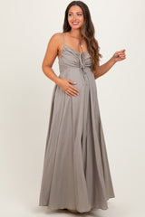 Light Olive Gathered Tie Front Maternity Maxi Dress