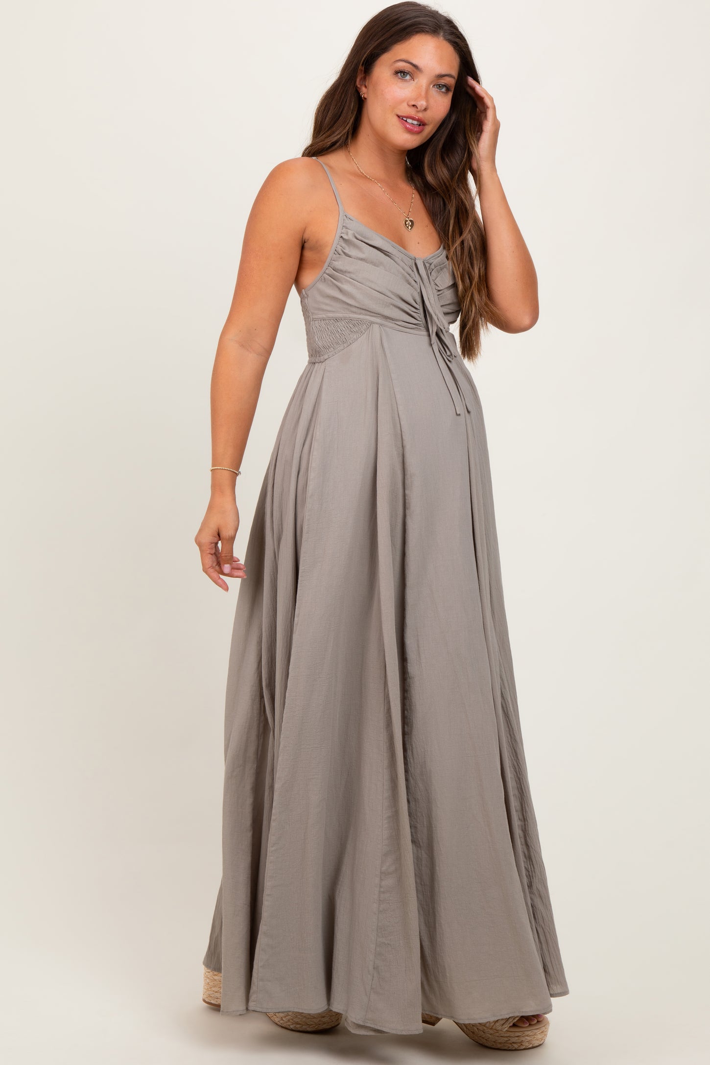 Light Olive Gathered Tie Front Maternity Maxi Dress