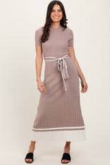 Mocha Ribbed Knit Pleated Midi Dress