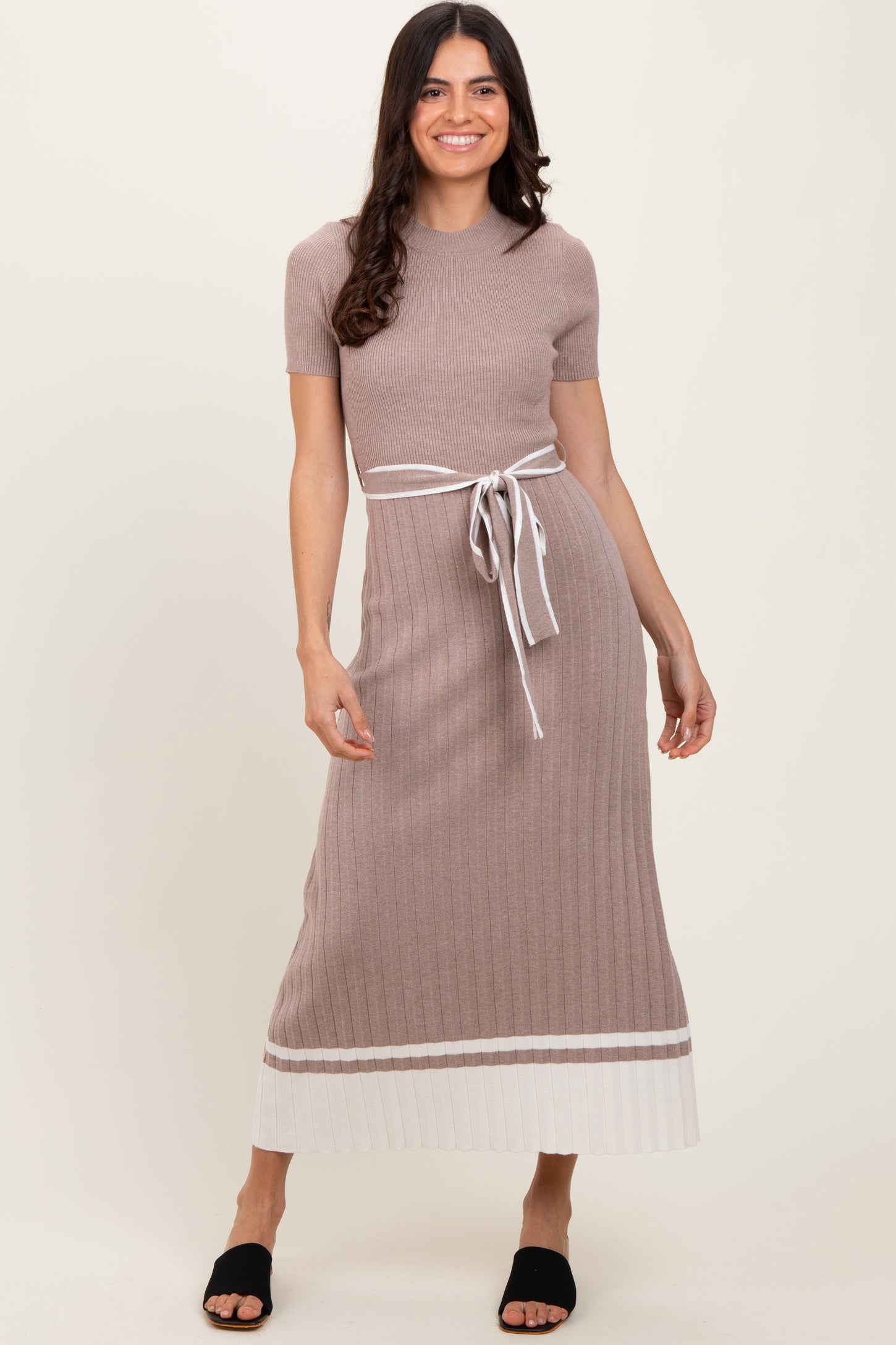 Mocha Ribbed Knit Pleated Maternity Midi Dress