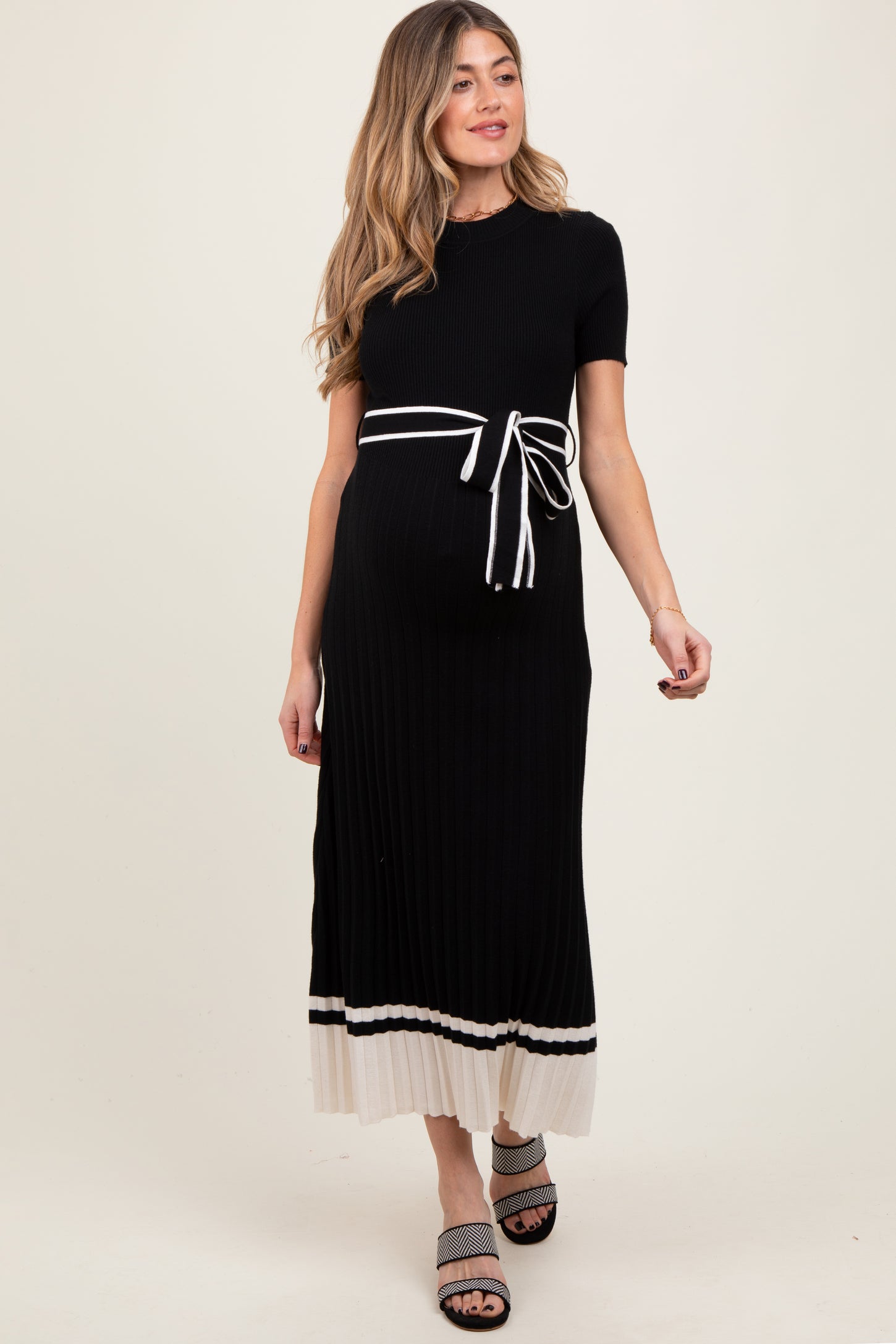 Black Ribbed Knit Pleated Maternity Midi Dress