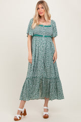 Green Smocked Button Down Flutter Sleeve Maxi Dress