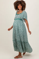 Green Smocked Button Down Flutter Sleeve Maternity Maxi Dress
