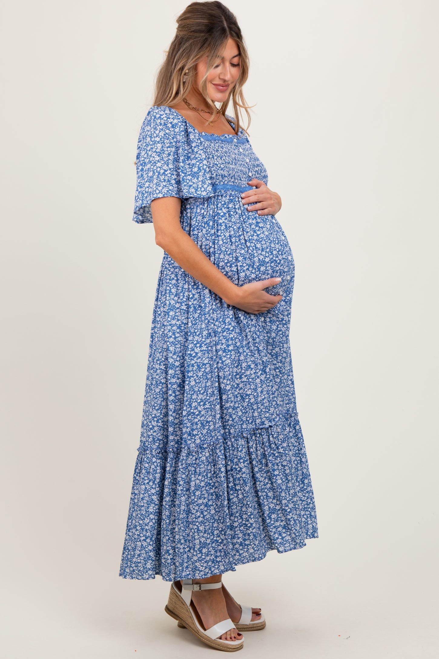 Navy Floral Button Front Maternity Midi Dress