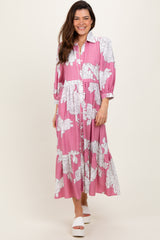 Pink Floral Print Cinched Tie Waist Maternity Shirt Dress