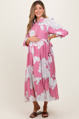 Pink Floral Print Cinched Tie Waist Maternity Shirt Dress