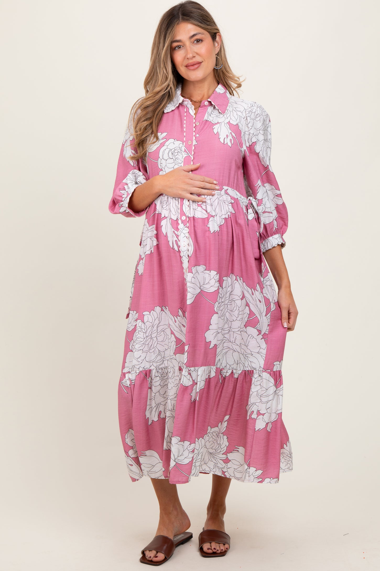 Pink Floral Print Cinched Tie Waist Maternity Shirt Dress