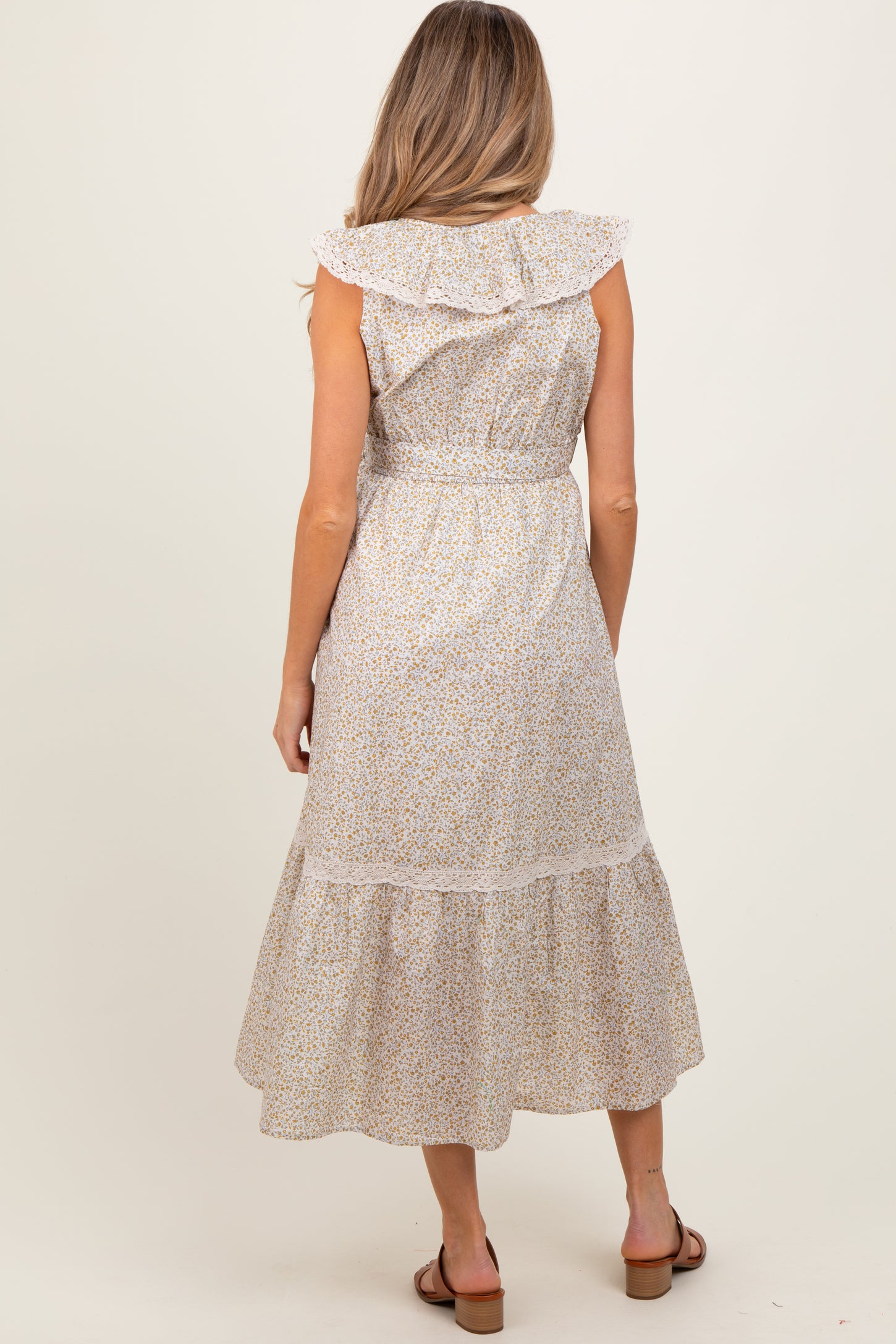 Cream Ruffled Floral Cotton Maternity Maxi Dress