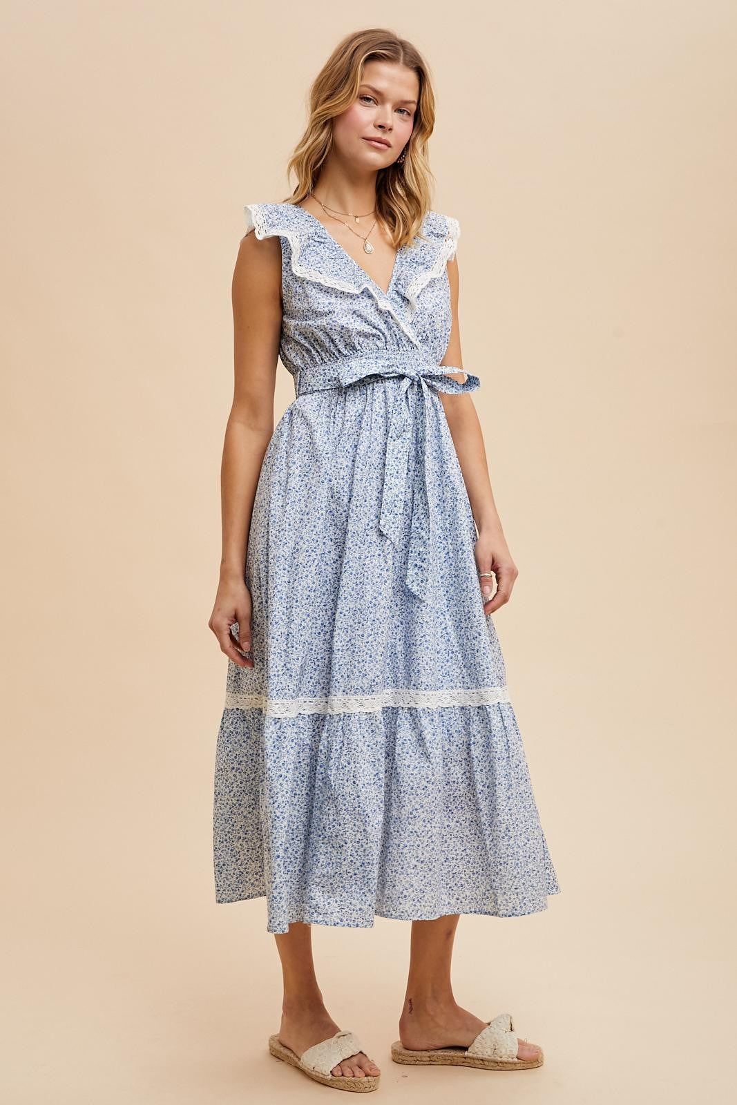 Light Blue Ruffled Floral Cotton Maxi Dress