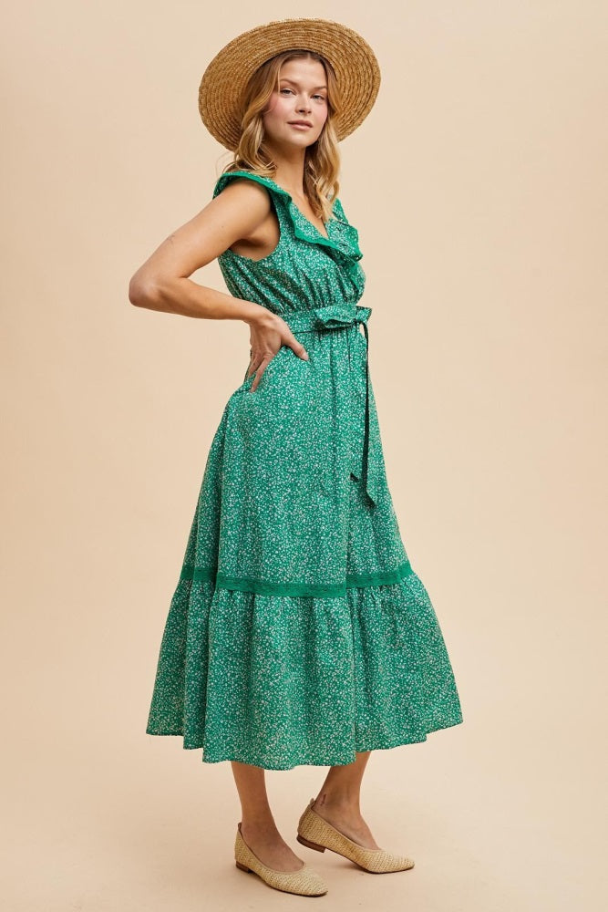 Green Ruffled Floral Cotton Maxi Dress
