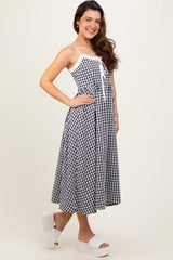 Black Gingham Smocked Trim Midi Dress