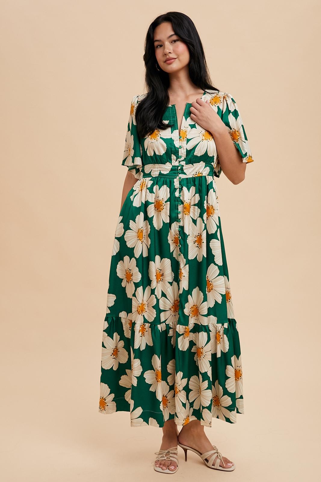 Emerald Notched Collar Floral Button Down Maternity Maxi Dress