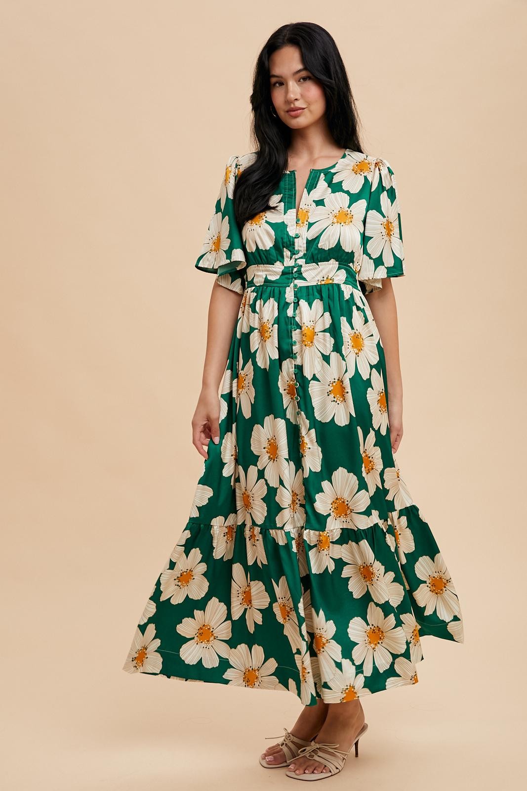 Emerald Notched Collar Floral Button Down Maxi Dress