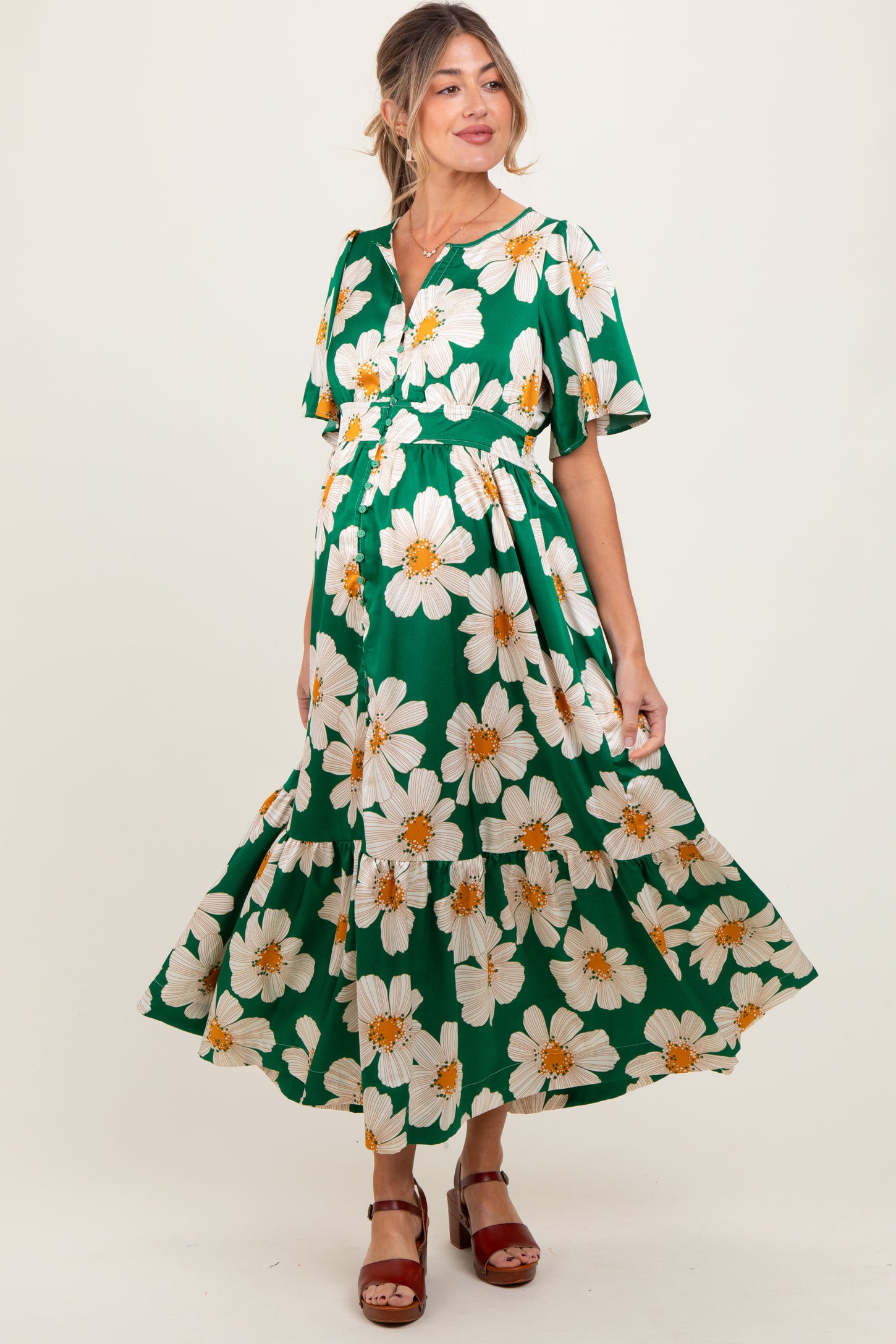 Emerald Notched Collar Floral Button Down Maternity Maxi Dress