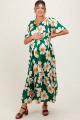 Emerald Notched Collar Floral Button Down Maternity Maxi Dress