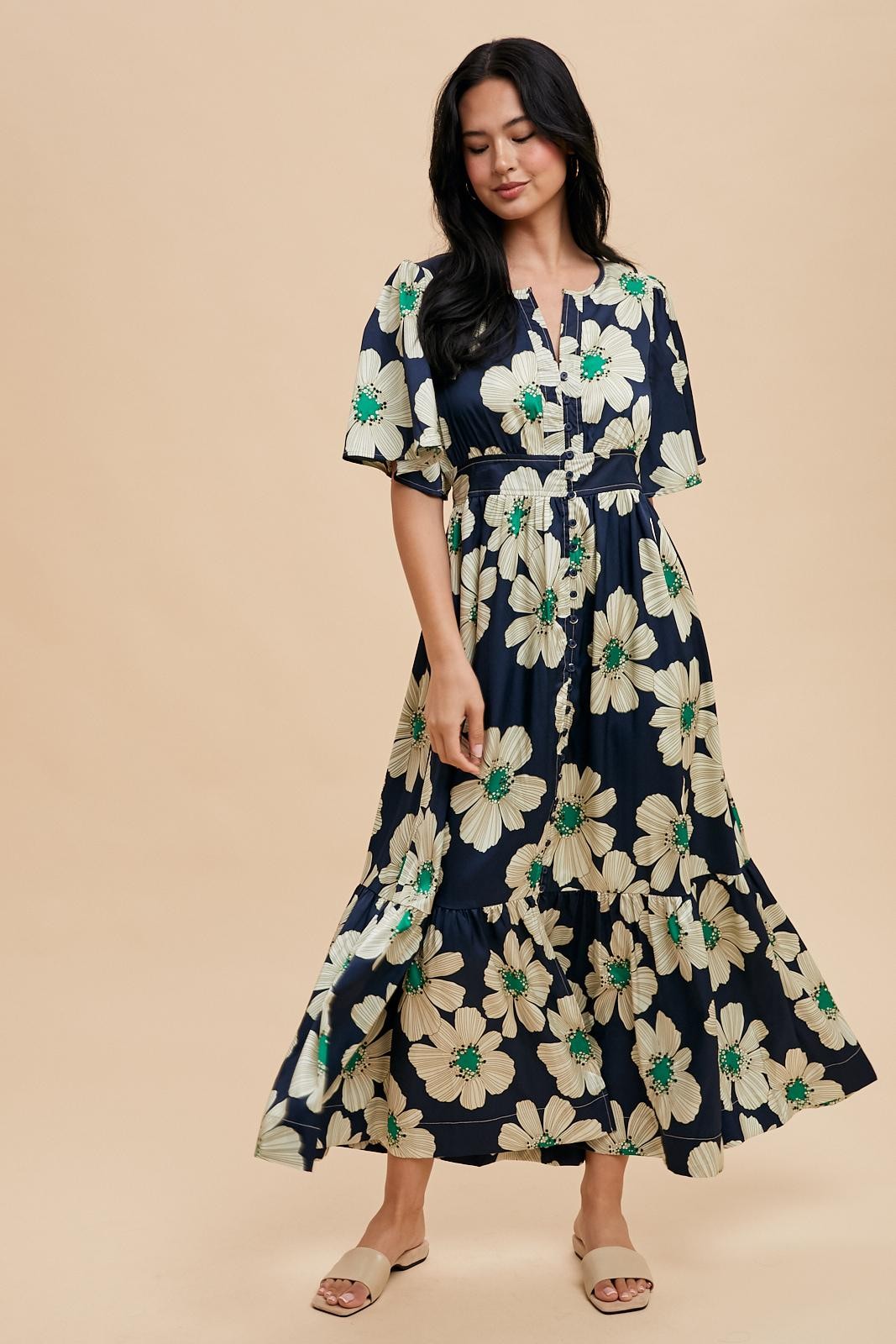 Navy Notched Collar Floral Button Down Maternity Maxi Dress