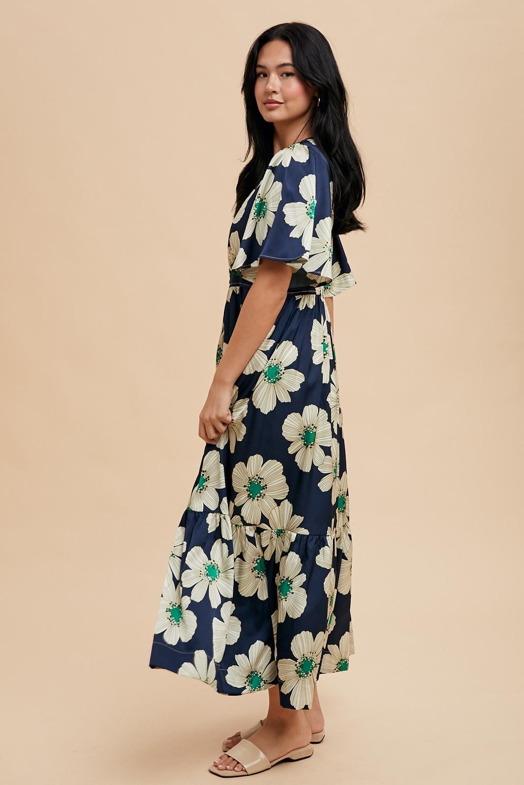 Navy Notched Collar Floral Button Down Maxi Dress