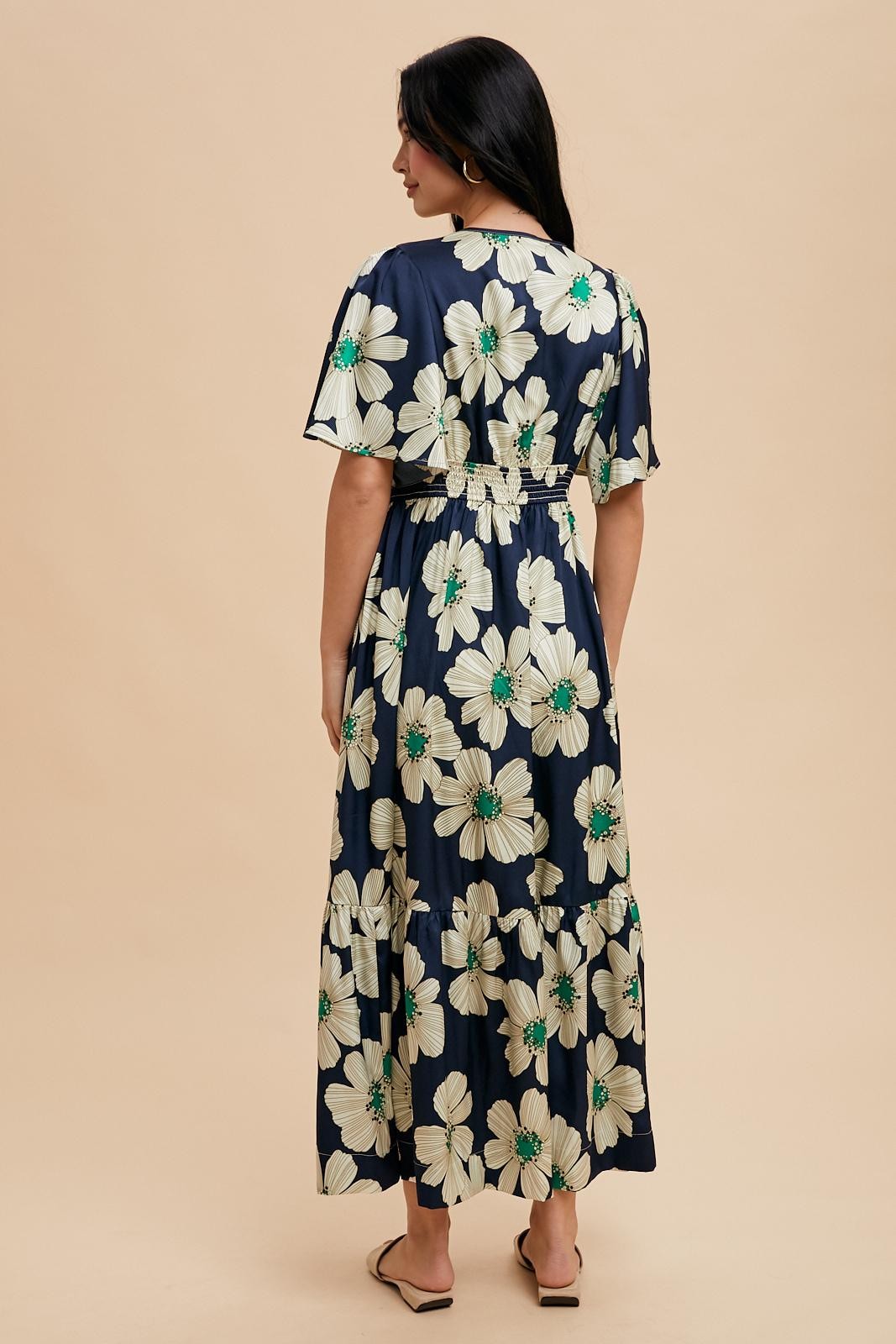 Navy Notched Collar Floral Button Down Maxi Dress