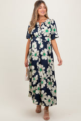 Navy Notched Collar Floral Button Down Maternity Maxi Dress