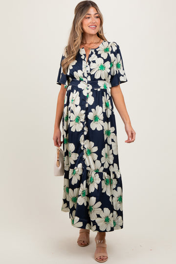 Navy Notched Collar Floral Button Down Maternity Maxi Dress