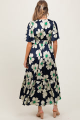Navy Notched Collar Floral Button Down Maternity Maxi Dress