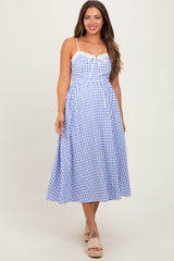 Blue Gingham Smocked Trim Maternity Midi Dress