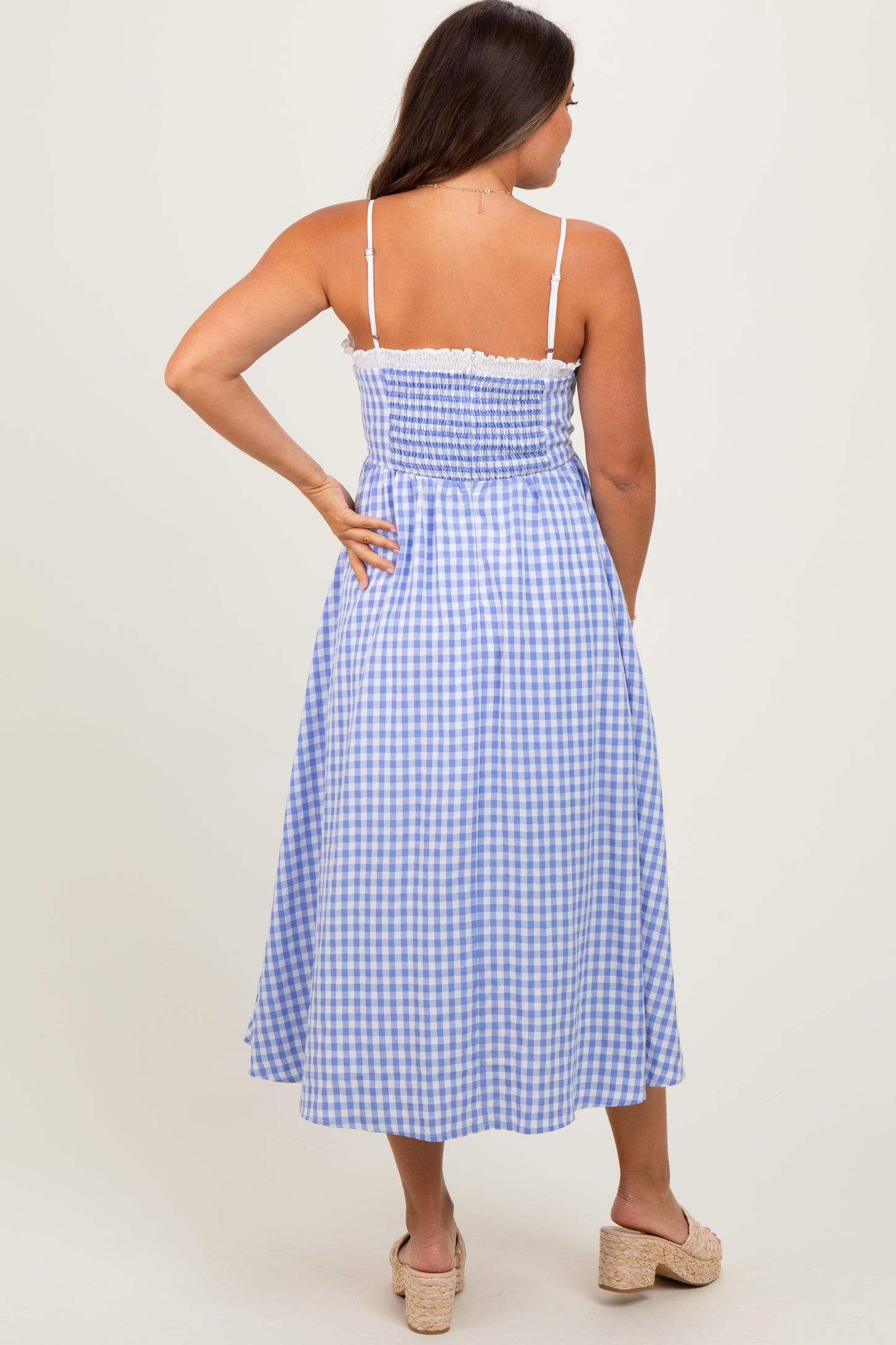 Blue Gingham Smocked Trim Maternity Midi Dress