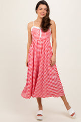 Red Gingham Smocked Trim Midi Dress