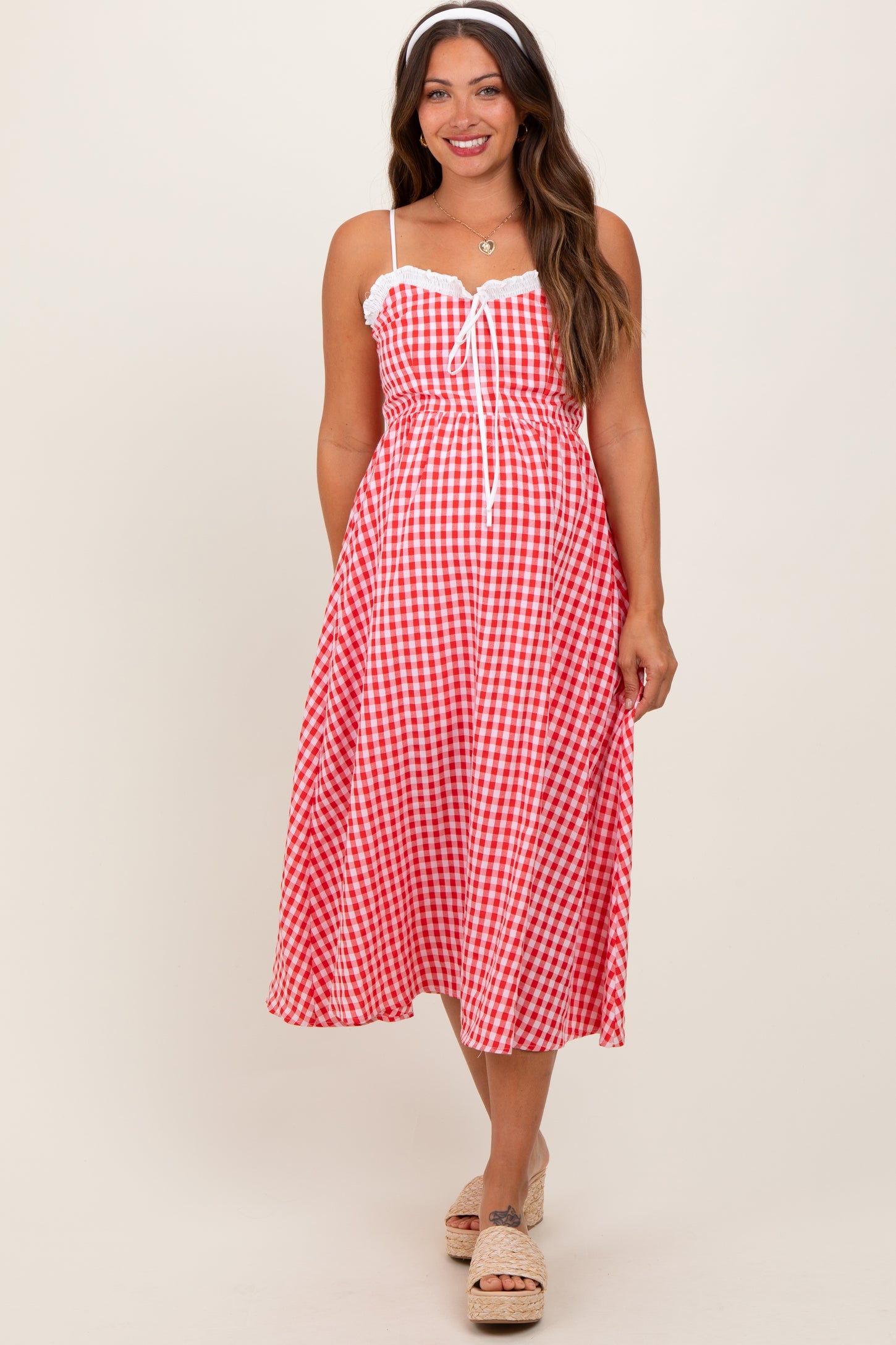 red gingham maternity dress Red Gingham Ruffle Strap Smocked Maternity Maxi Dress PinkBlush