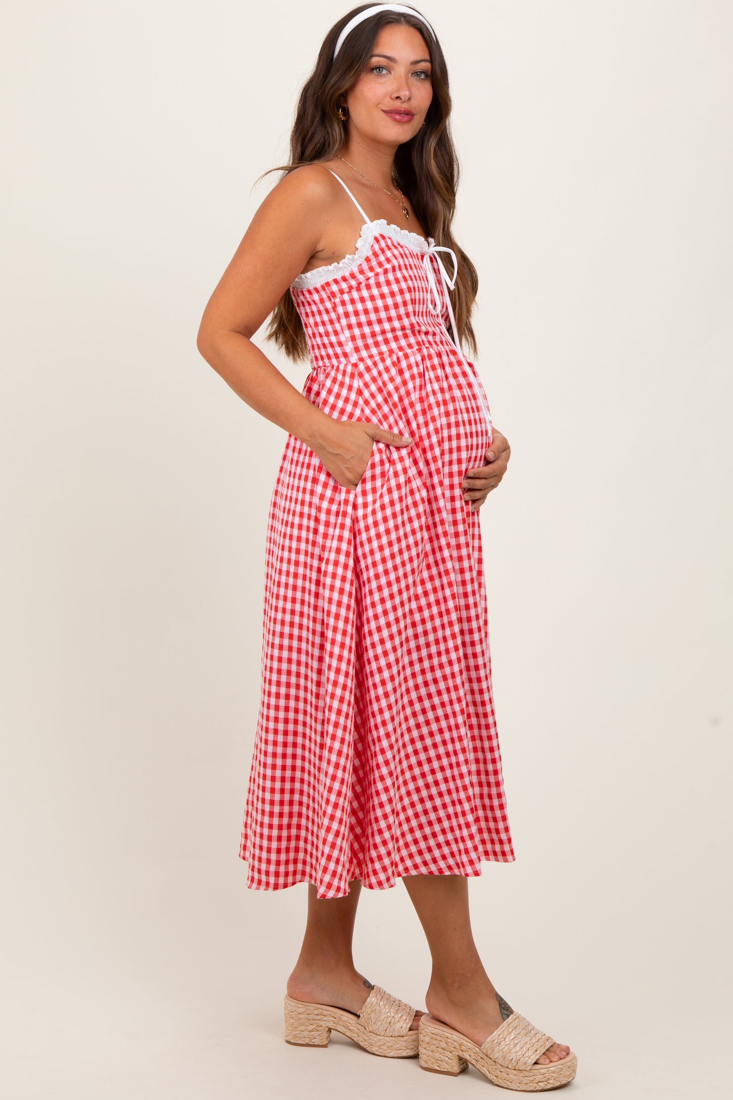 Red Gingham Smocked Trim Maternity Midi Dress