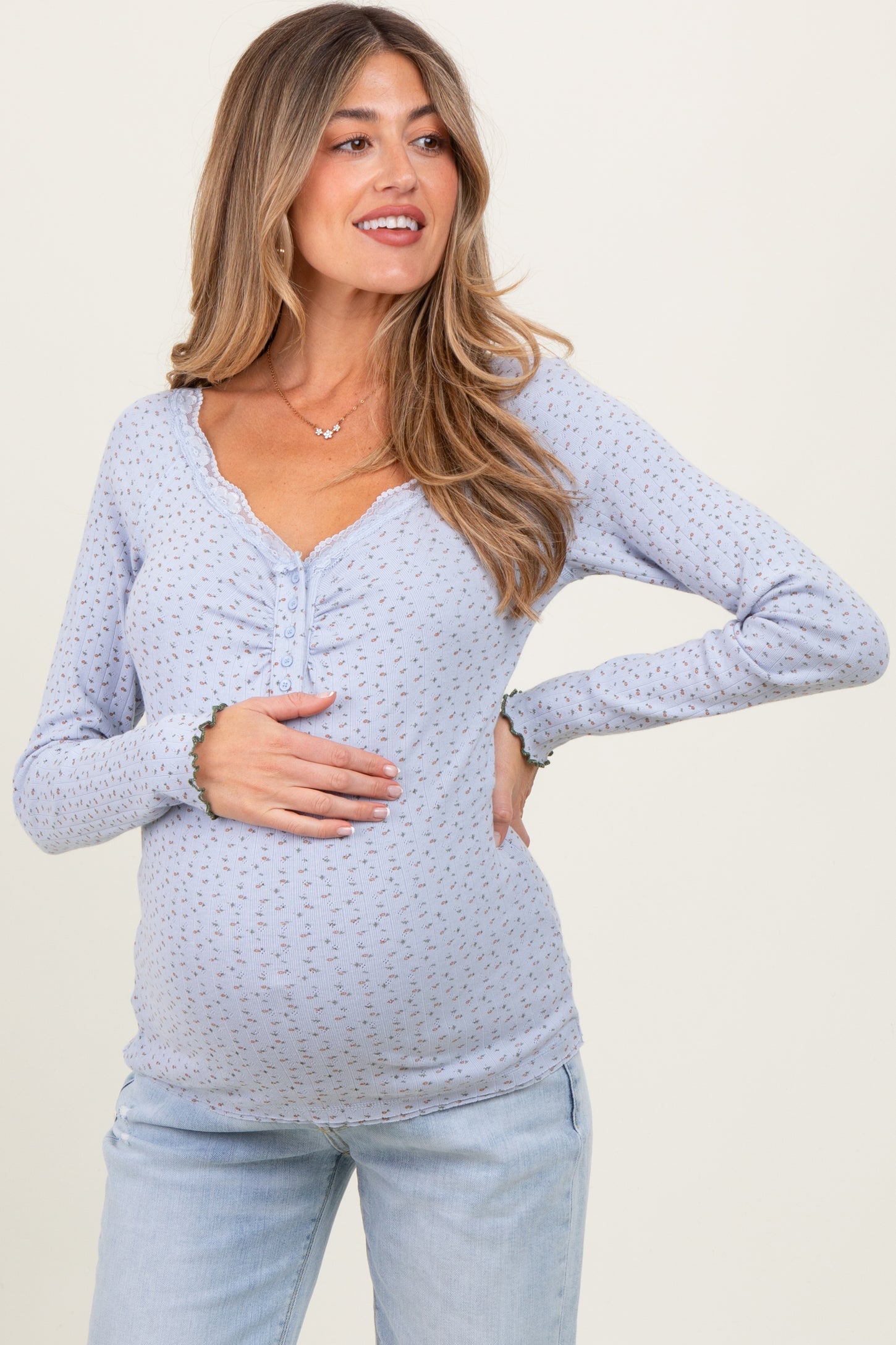 Light Blue Lace Trim Floral Fitted Top