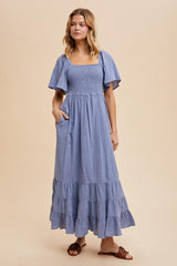 Blue Smocked Cotton Flutter Sleeve Maxi Dress