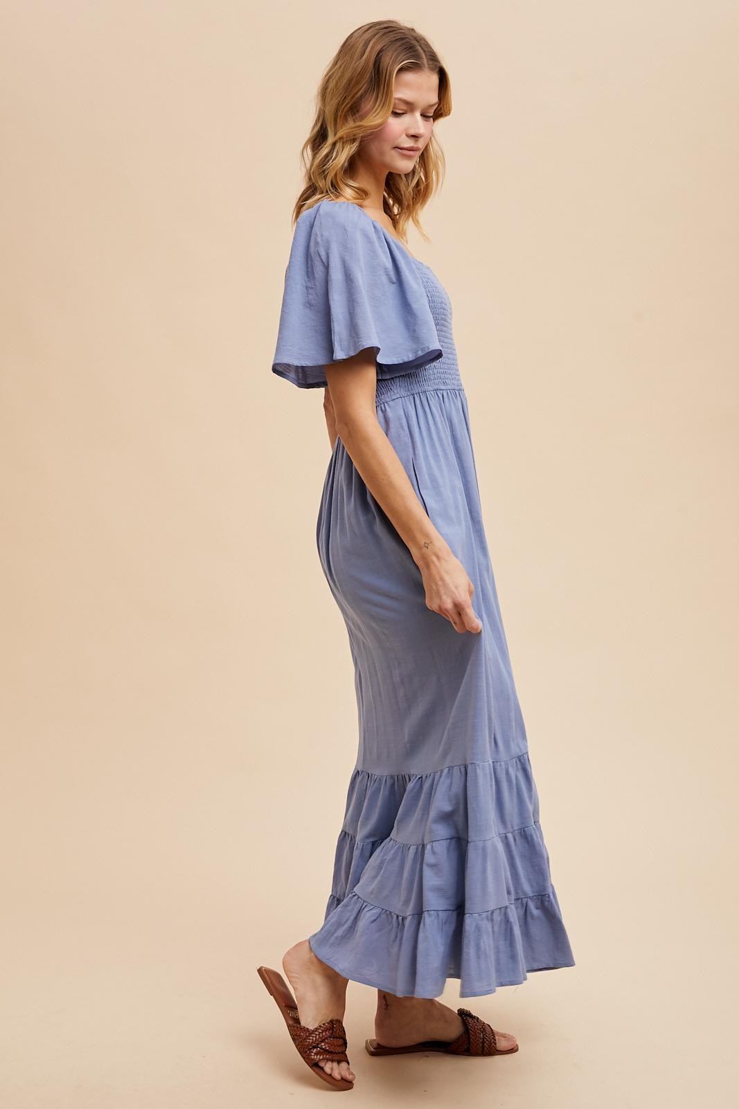 Blue Smocked Cotton Flutter Sleeve Maxi Dress