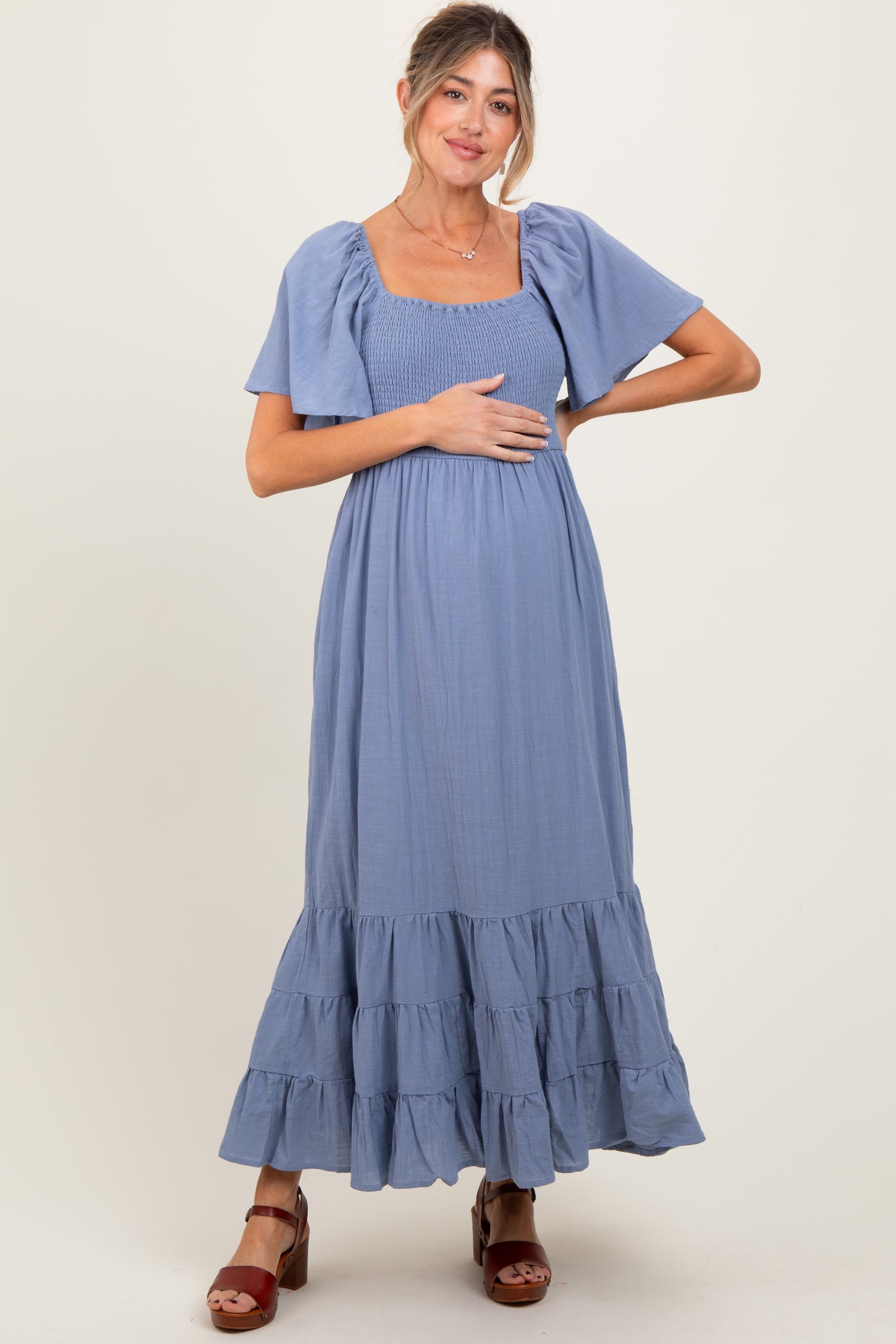 Blue Smocked Cotton Flutter Sleeve Maternity Maxi Dress