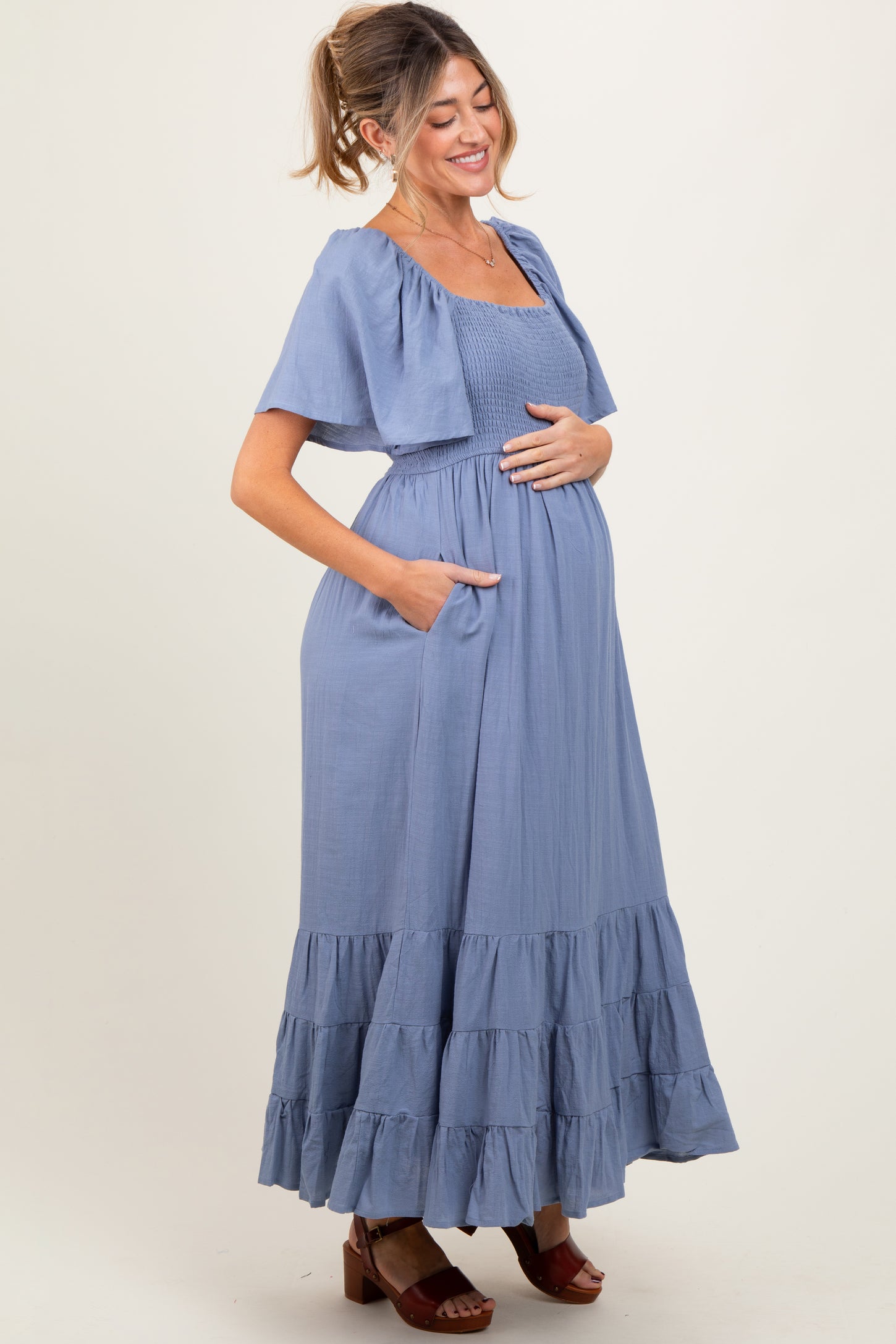 Blue Smocked Cotton Flutter Sleeve Maternity Maxi Dress