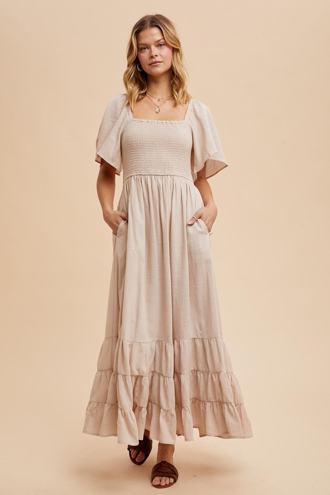 Cream Smocked Cotton Flutter Sleeve Maternity Maxi Dress