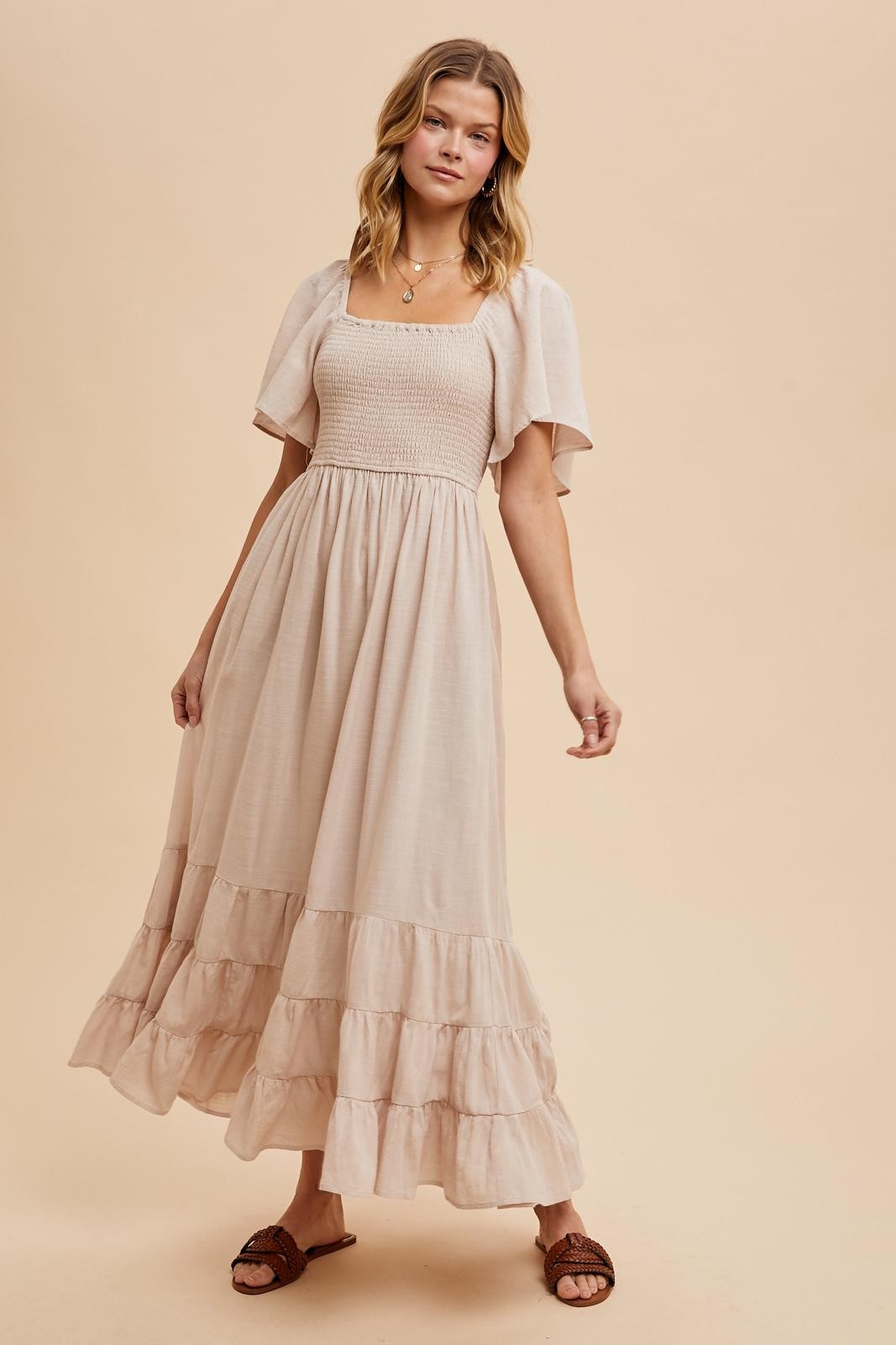 Cream Smocked Cotton Flutter Sleeve Maxi Dress