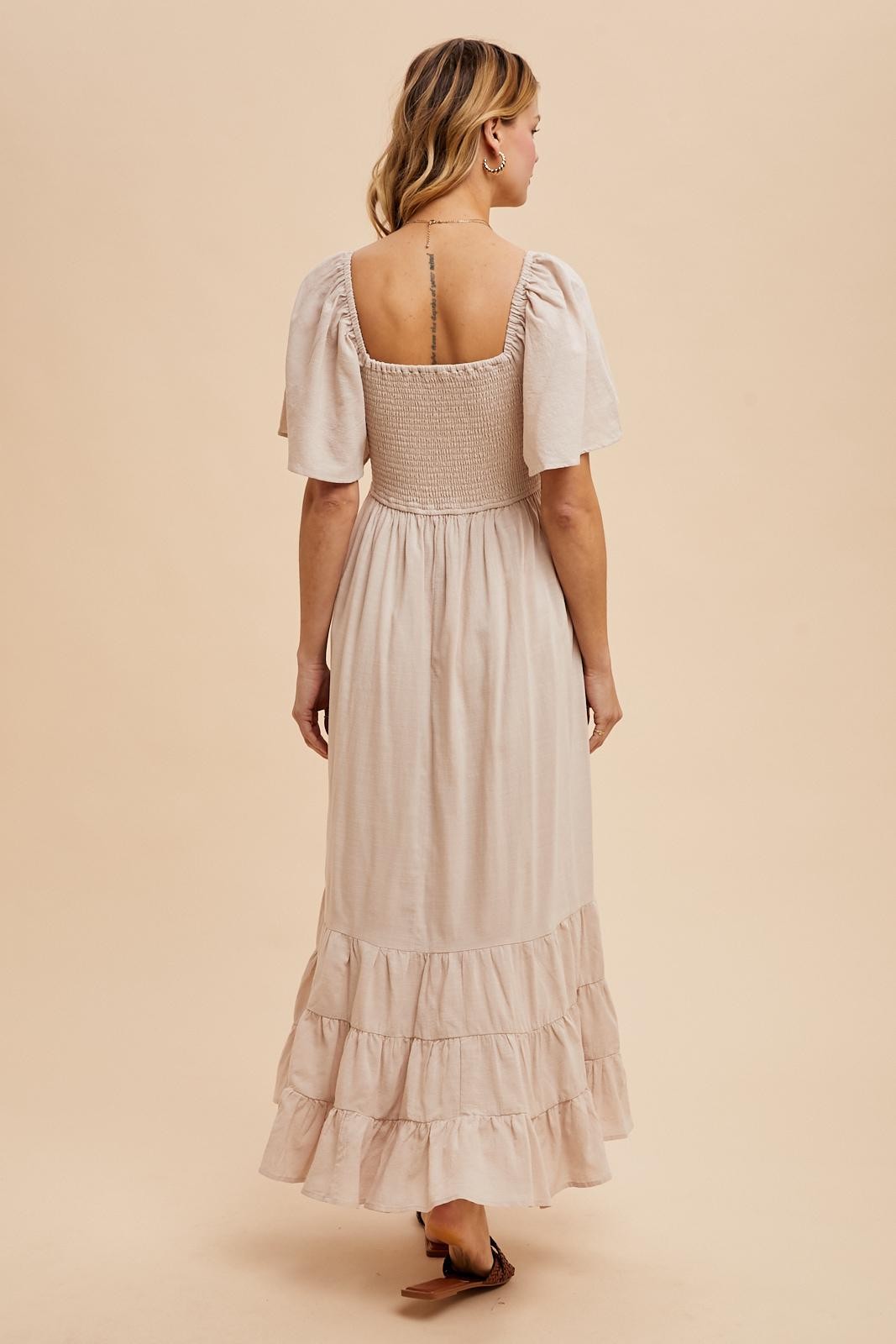 Cream Smocked Cotton Flutter Sleeve Maxi Dress