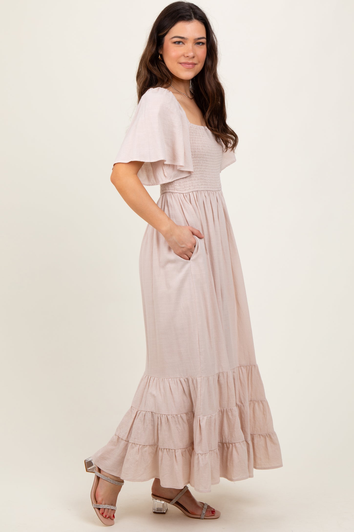 Cream Smocked Cotton Flutter Sleeve Maxi Dress
